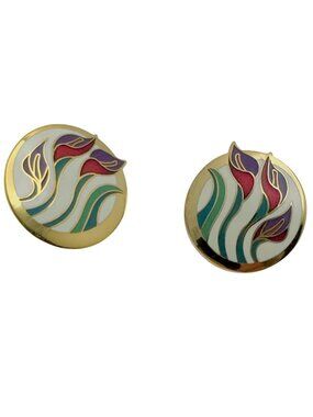 Laurel Burch Enamel Lily Design Round Earrings Gold Tone Signed